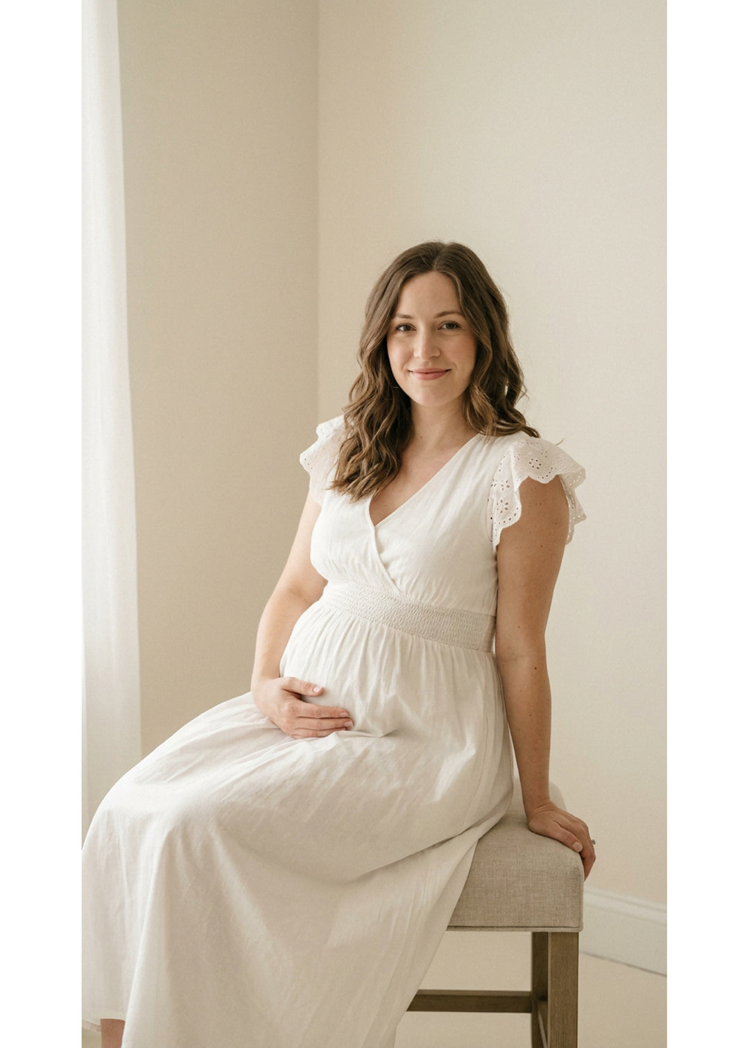 Eyelet Sleeve Maternity Midi Dress in Natural — on model