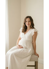 Eyelet Sleeve Maternity Midi Dress in Natural — on model