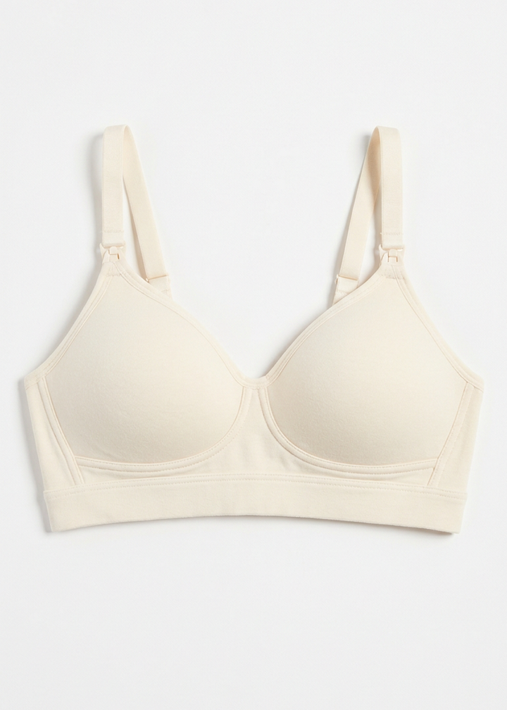 Organic Cotton Pumping and Nursing Bra in Natural — flat lay, front