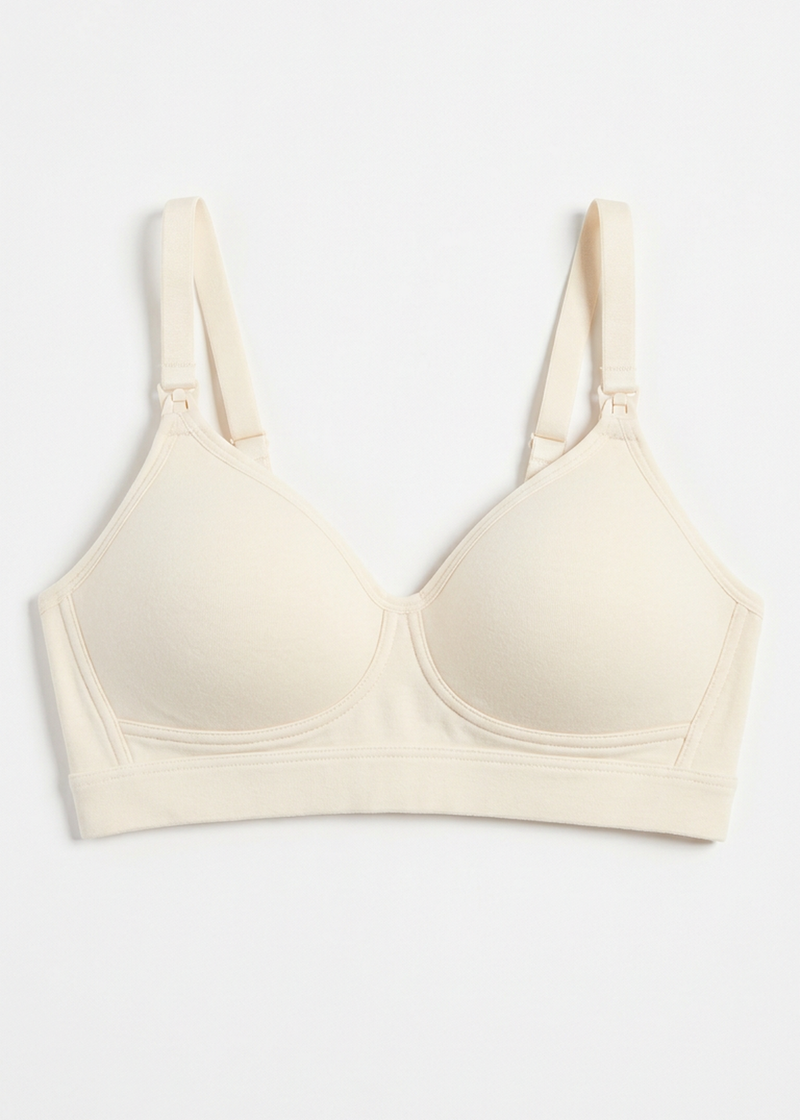 Organic Cotton Pumping and Nursing Bra in Natural — flat lay, front