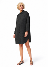 Gingham Long-Sleeve Shirt Dress in Linen in Black — on model