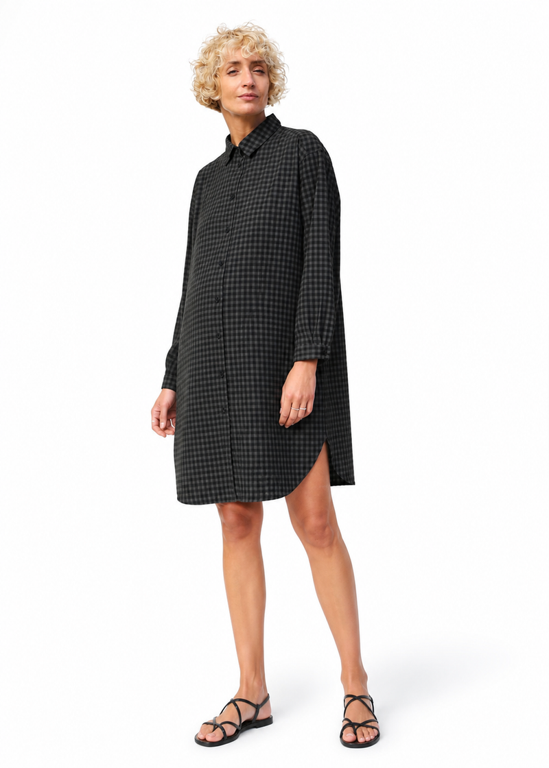 Gingham Long-Sleeve Shirt Dress in Linen in Black — on model