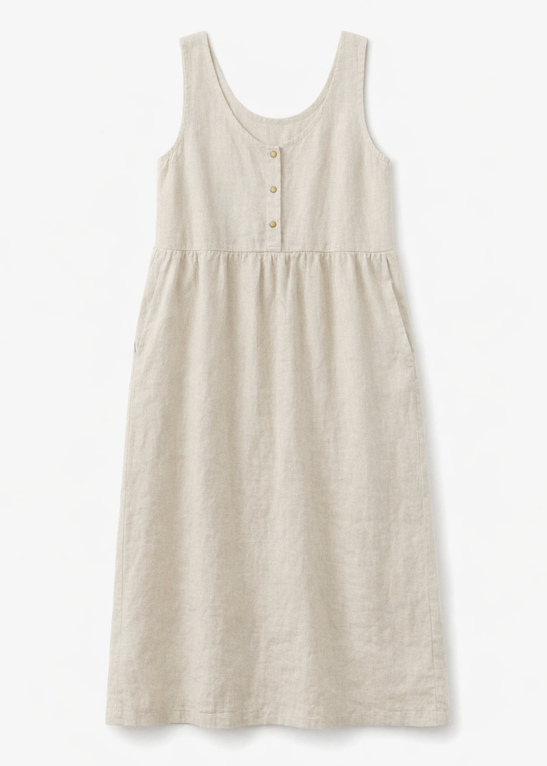 Sleeveless Brass-Snap Gathered Linen Midi Dress in Linen in Natural — flat lay