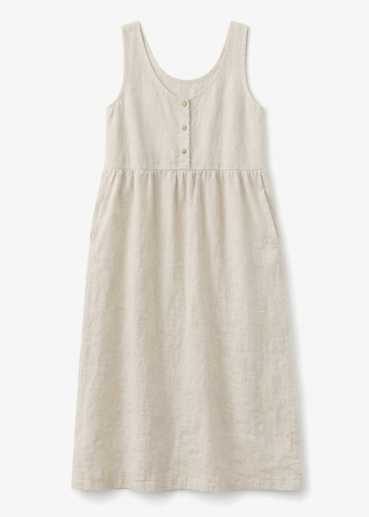 Sleeveless Brass-Snap Gathered Linen Midi Dress in Linen in Natural — flat lay