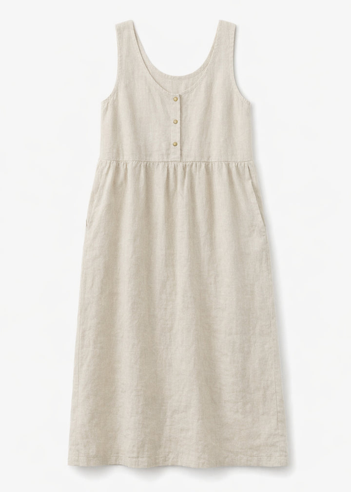 Sleeveless Brass-Snap Gathered Linen Midi Dress in Linen in Natural — flat lay