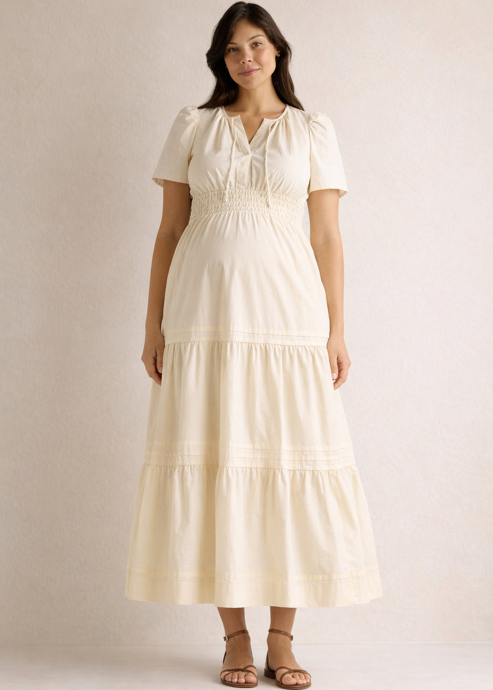 Organic Cotton Poplin Maternity Maxi Dress in Natural — on model