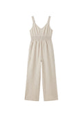 Smocked-Waist V-Neck Linen Jumpsuit in Linen in Natural — flat lay