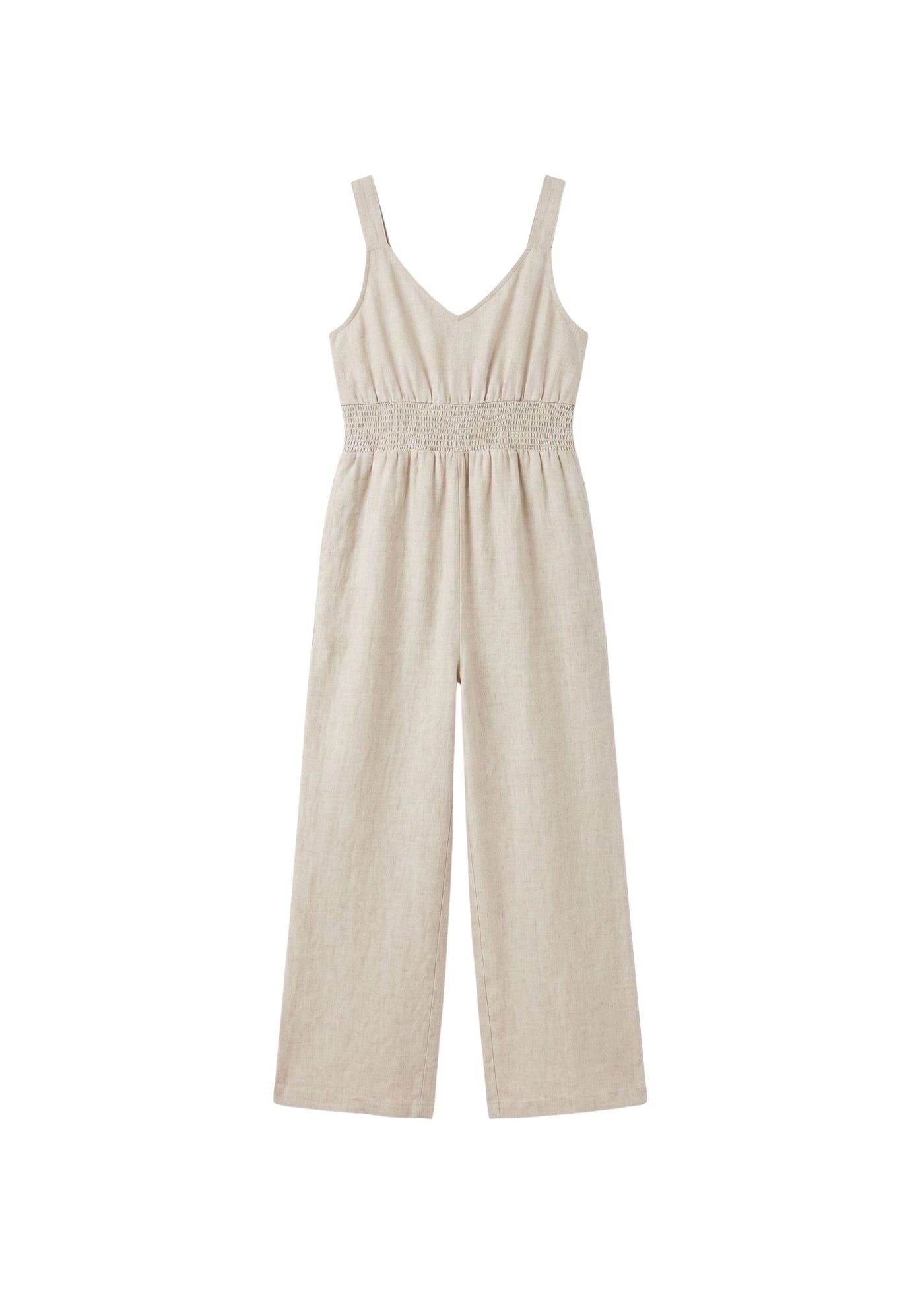 Smocked-Waist V-Neck Linen Jumpsuit in Linen in Natural — flat lay
