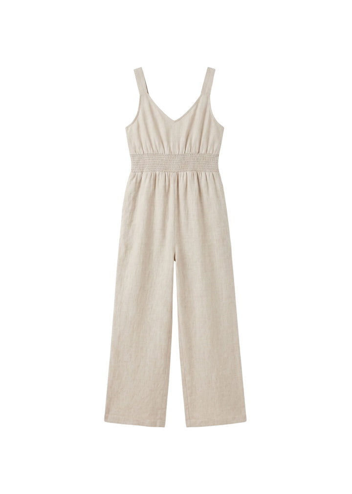 Smocked-Waist V-Neck Linen Jumpsuit in Linen in Natural — flat lay