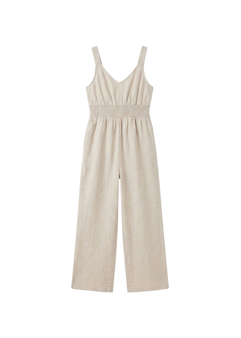 Smocked-Waist V-Neck Linen Jumpsuit in Linen in Natural — flat lay