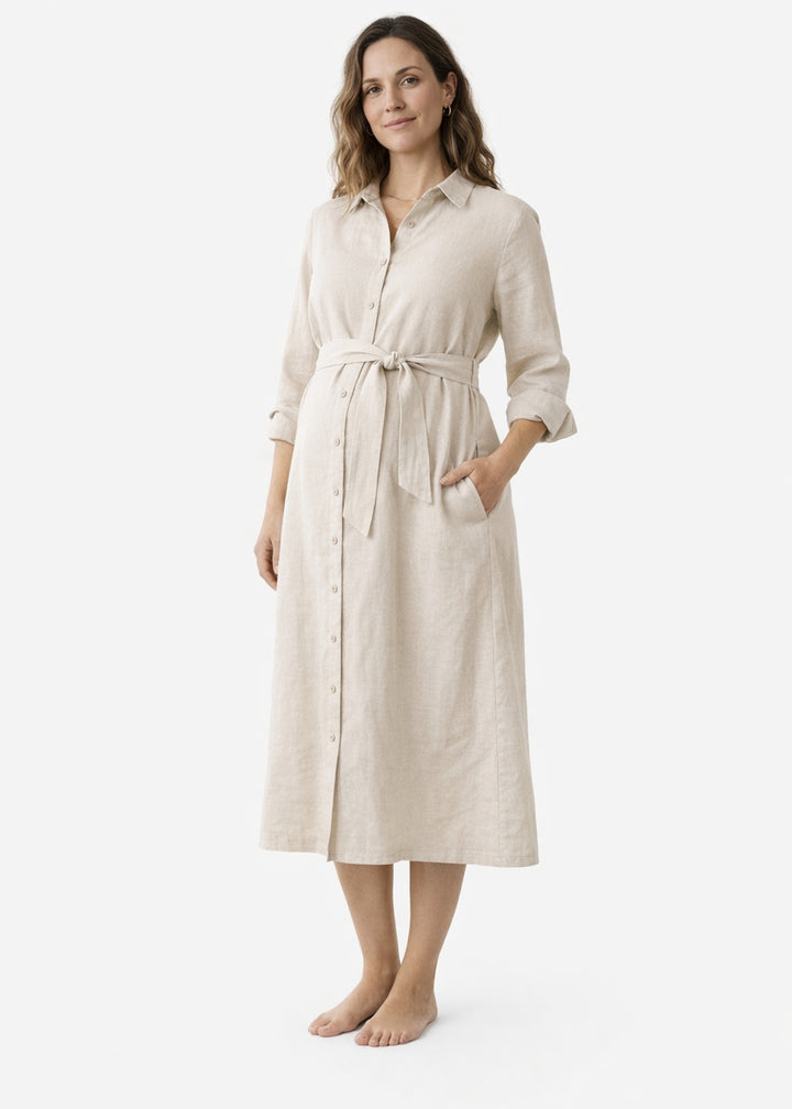Button-Front Belted Nursing Linen Midi Shirtdress in Linen in Natural — on model