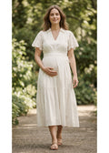 Eyelet Sleeve Maternity Midi Dress in Natural — on model