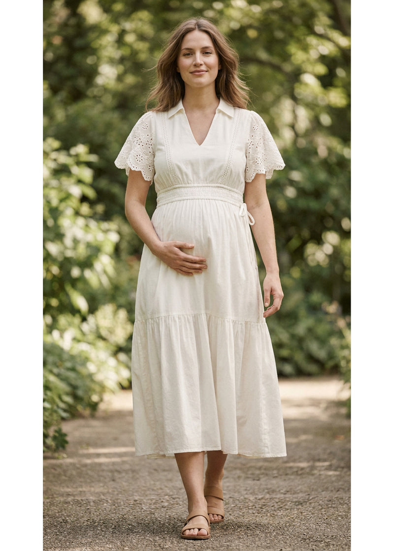 Eyelet Sleeve Maternity Midi Dress in Natural — on model