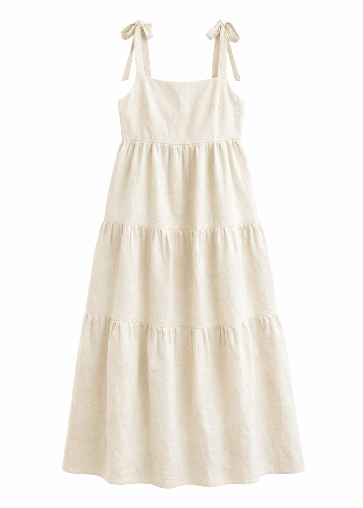 Tiered Tie-Strap Linen Maternity Maxi Dress in Linen in Natural — flat lay
