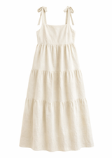 Tiered Tie-Strap Linen Maternity Maxi Dress in Linen in Natural — flat lay