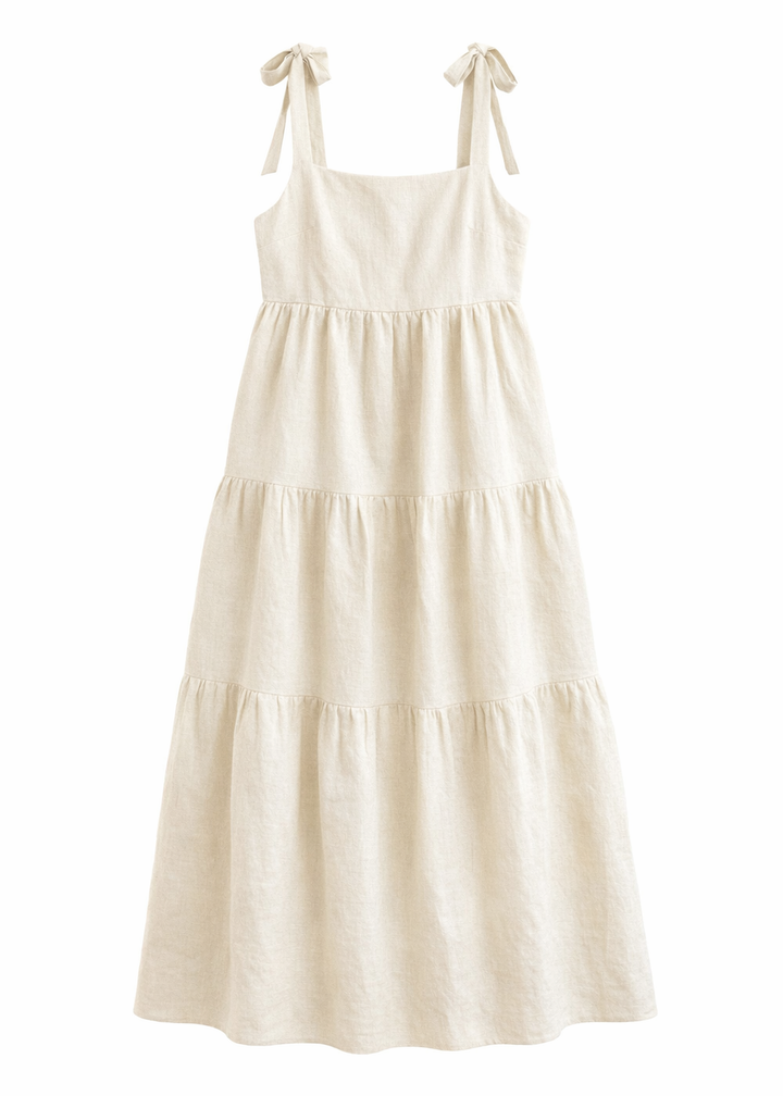 Tiered Tie-Strap Linen Maternity Maxi Dress in Linen in Natural — flat lay
