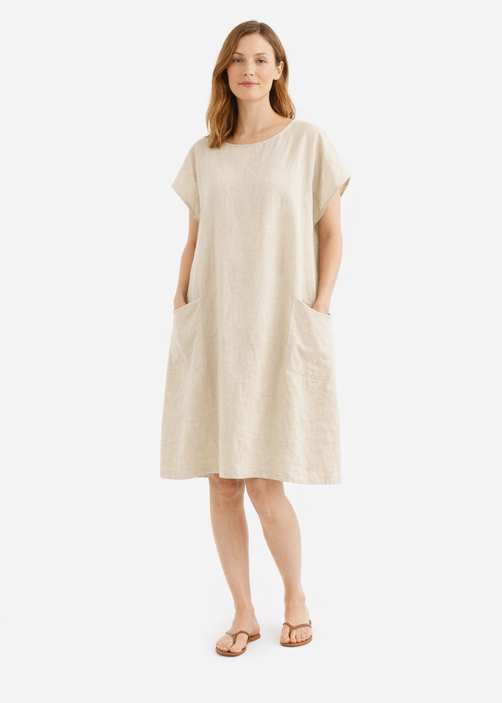 Cap-Sleeve Linen Tunic Dress in Linen in Natural — on model