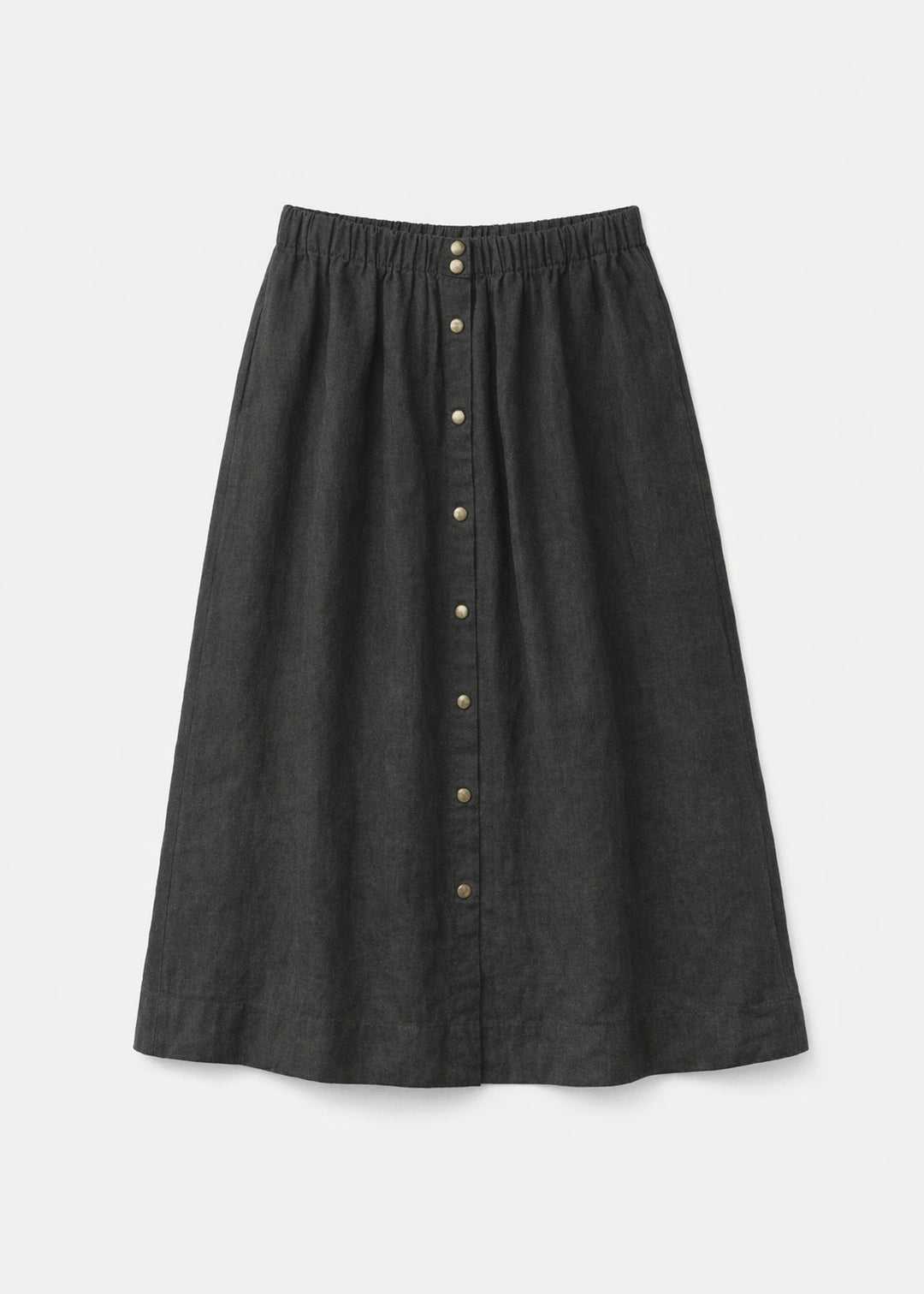 Brass-Snap Gathered A-Line Linen Midi Skirt in Linen in Black — flat lay