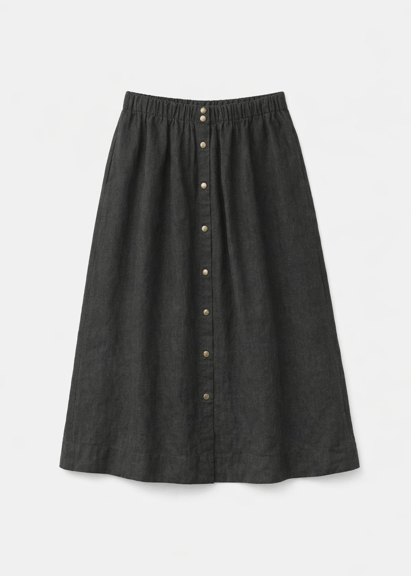 Brass-Snap Gathered A-Line Linen Midi Skirt in Linen in Black — flat lay