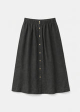Brass-Snap Gathered A-Line Linen Midi Skirt in Linen in Black — flat lay