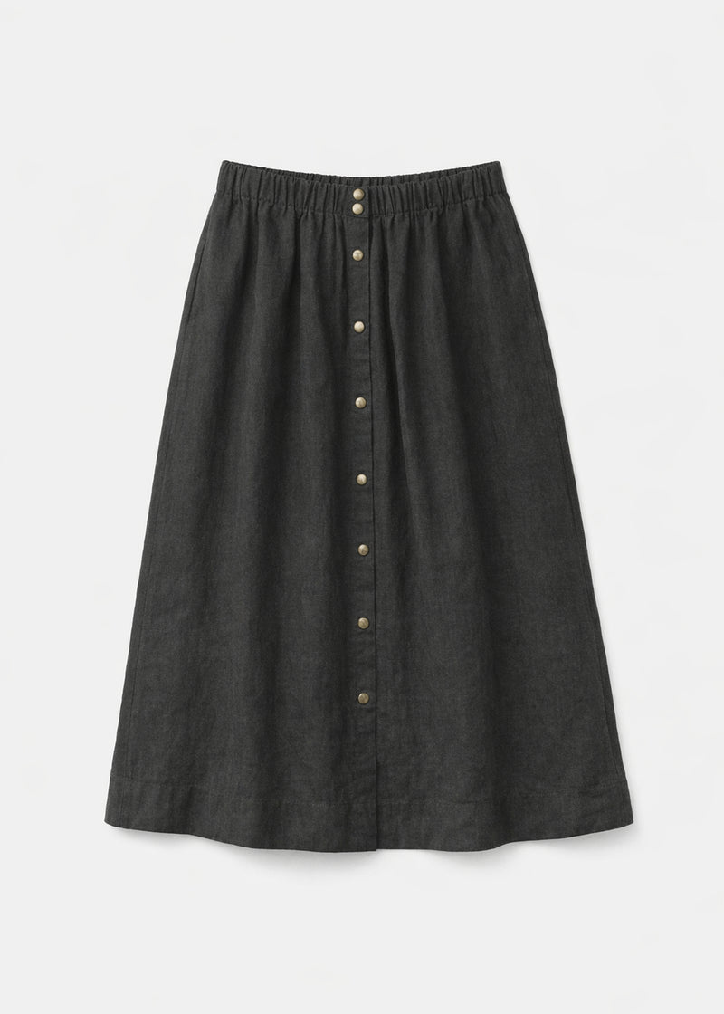 Brass-Snap Gathered A-Line Linen Midi Skirt in Linen in Black — flat lay