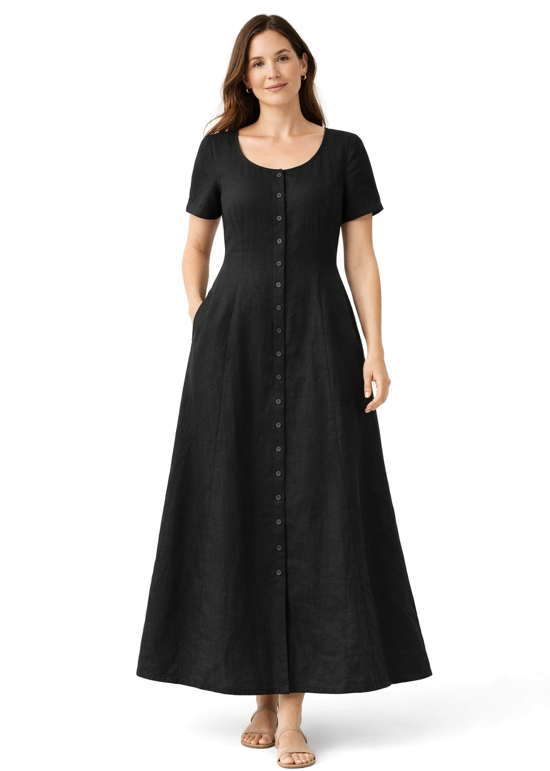 Short-Sleeve Button-Front Linen Maxi Dress in Linen in Black — on model