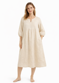 V-Neck Balloon-Skirt Linen Maternity Dress in Linen in Natural — on model