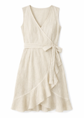 Sleeveless Ruffle-Hem Linen Wrap Dress in Linen in Natural — flat lay