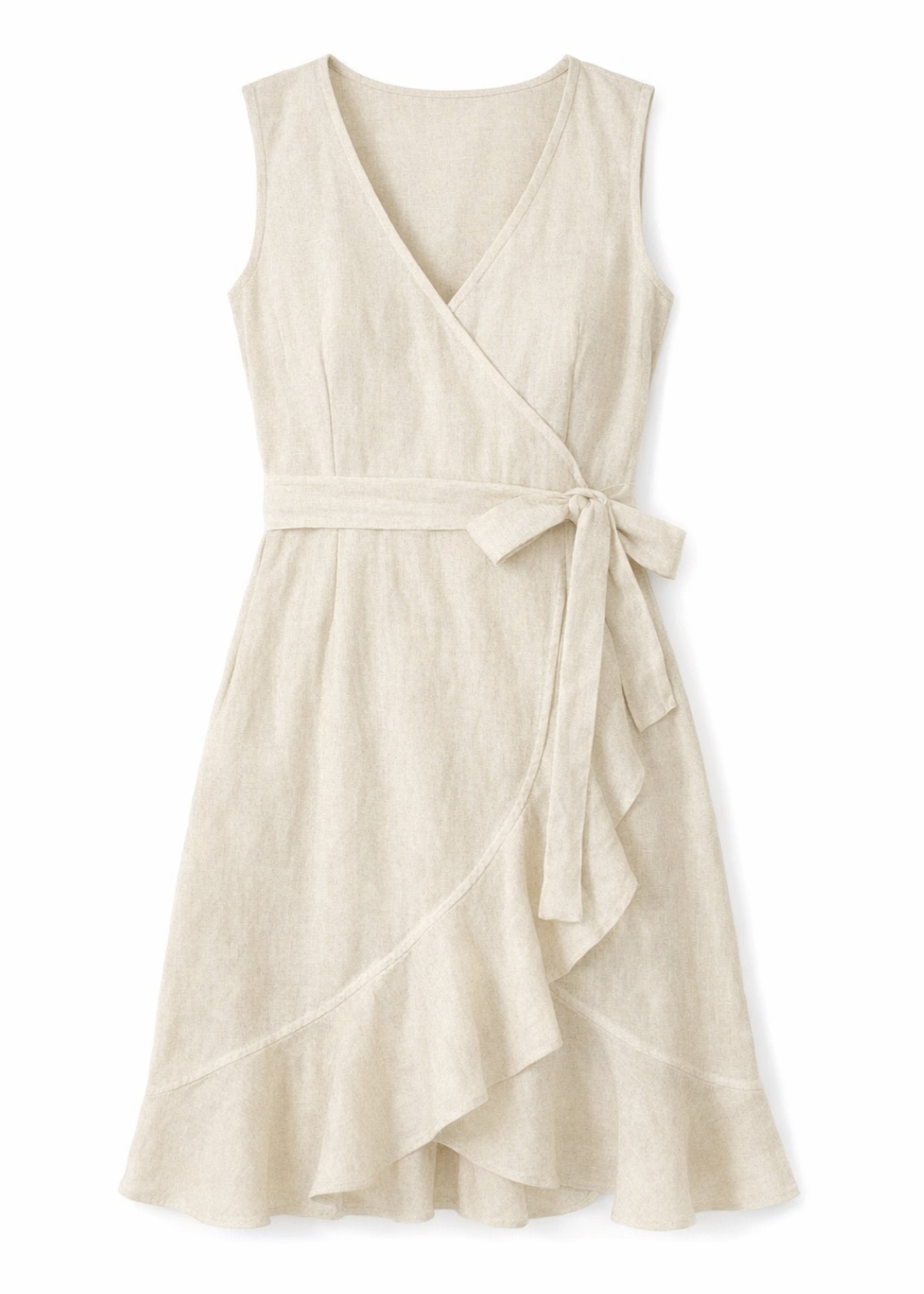 Sleeveless Ruffle-Hem Linen Wrap Dress in Linen in Natural — flat lay