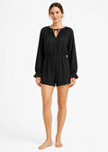 Gathered-Neck Button-Front Sleep Romper in Black - on model