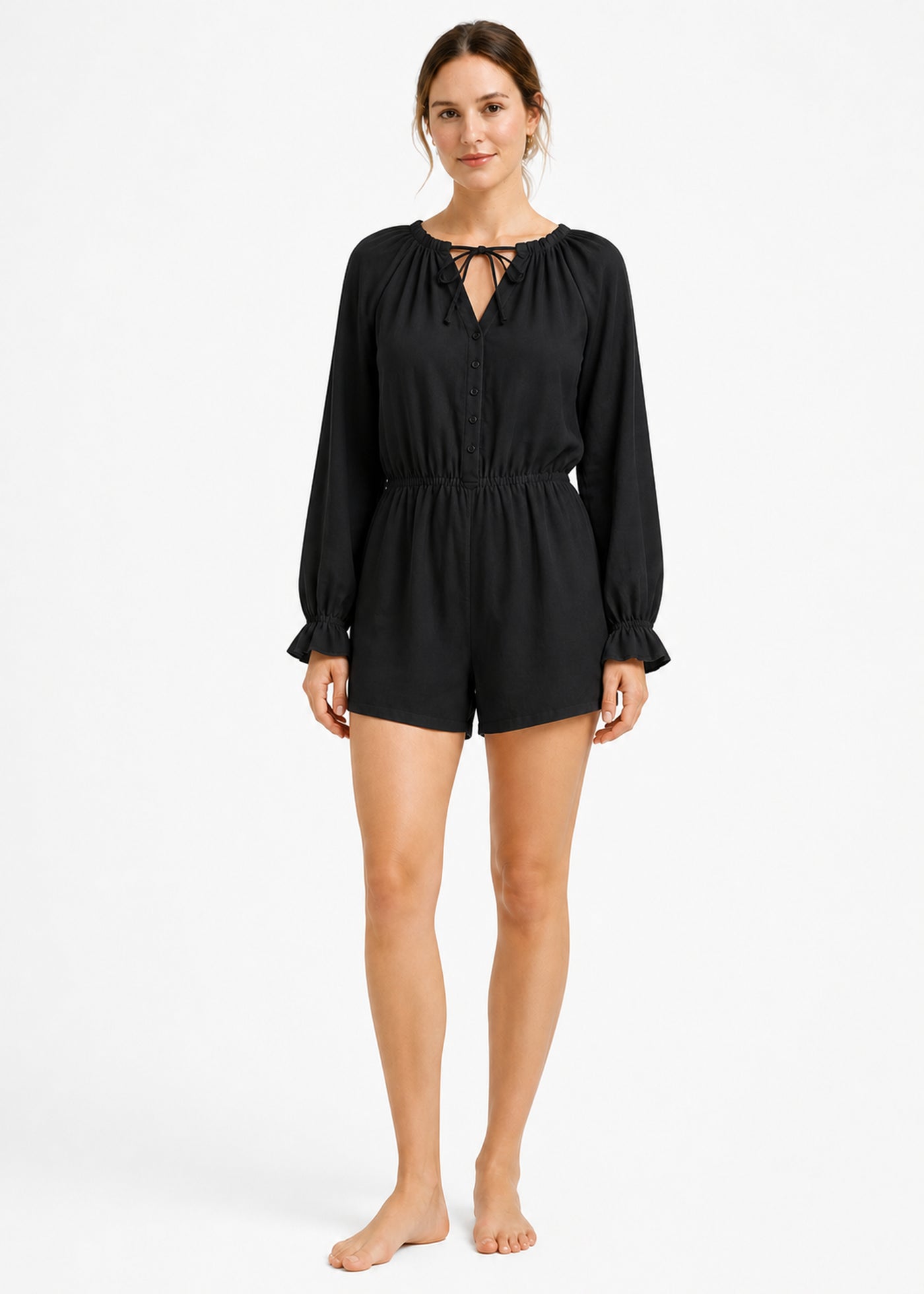 Gathered-Neck Button-Front Sleep Romper in Black - on model