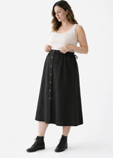 A-Line Button-Front Gingham Linen Midi Skirt in Linen in Black — on model