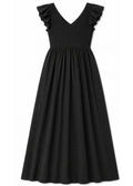 Flutter Sleeve Ruched Maxi Dress in Cotton in Black — flat lay