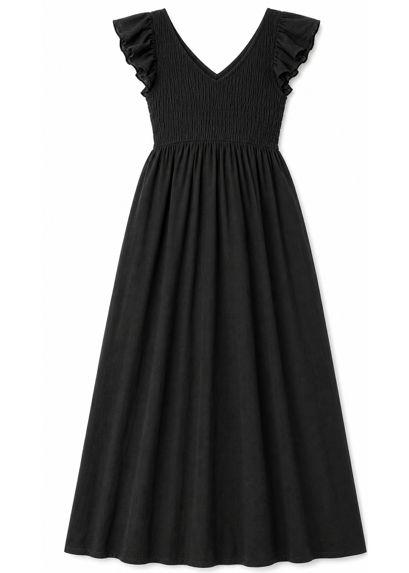 Flutter Sleeve Ruched Maxi Dress in Cotton in Black — flat lay