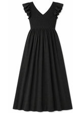 Flutter Sleeve Ruched Maxi Dress in Cotton in Black — flat lay