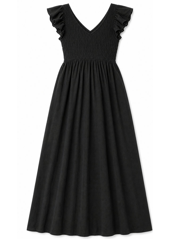 Flutter Sleeve Ruched Maxi Dress in Cotton in Black — flat lay