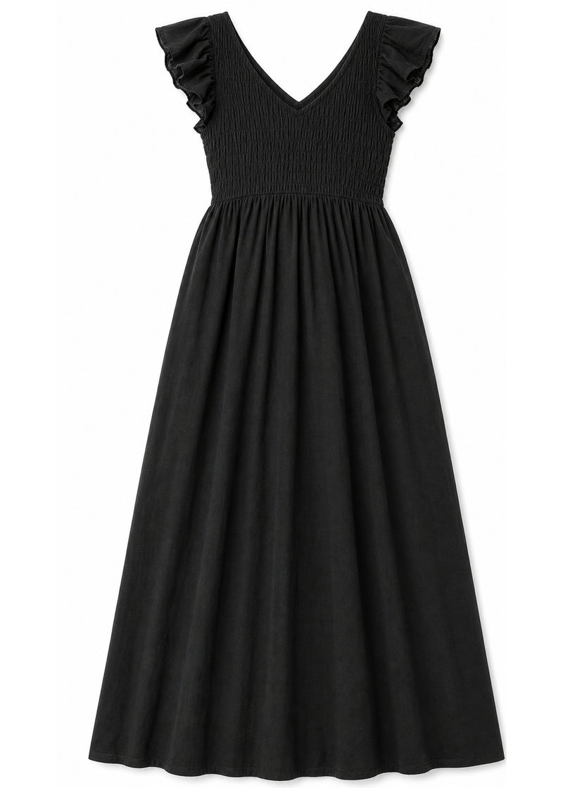 Flutter Sleeve Ruched Maxi Dress in Cotton in Black — flat lay