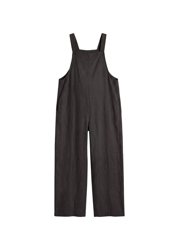 Linen Overall Jumpsuit in Linen in Black — flat lay