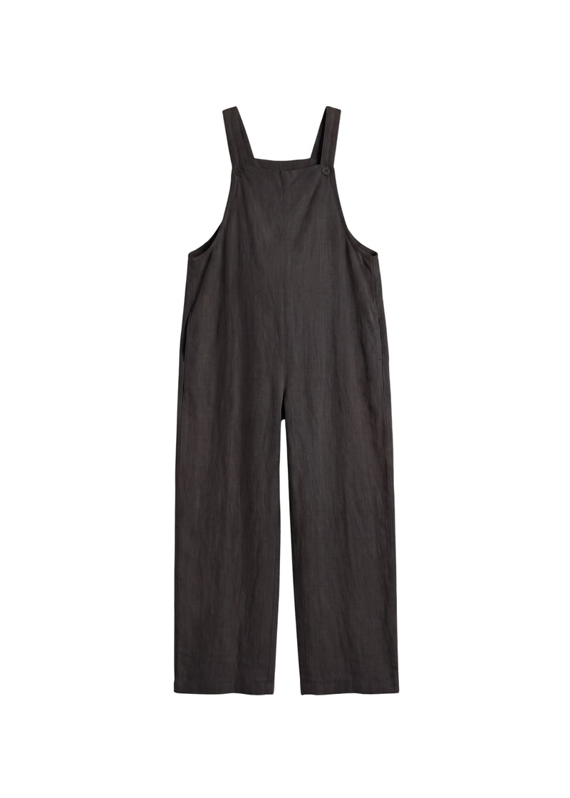 Linen Overall Jumpsuit in Linen in Black — flat lay
