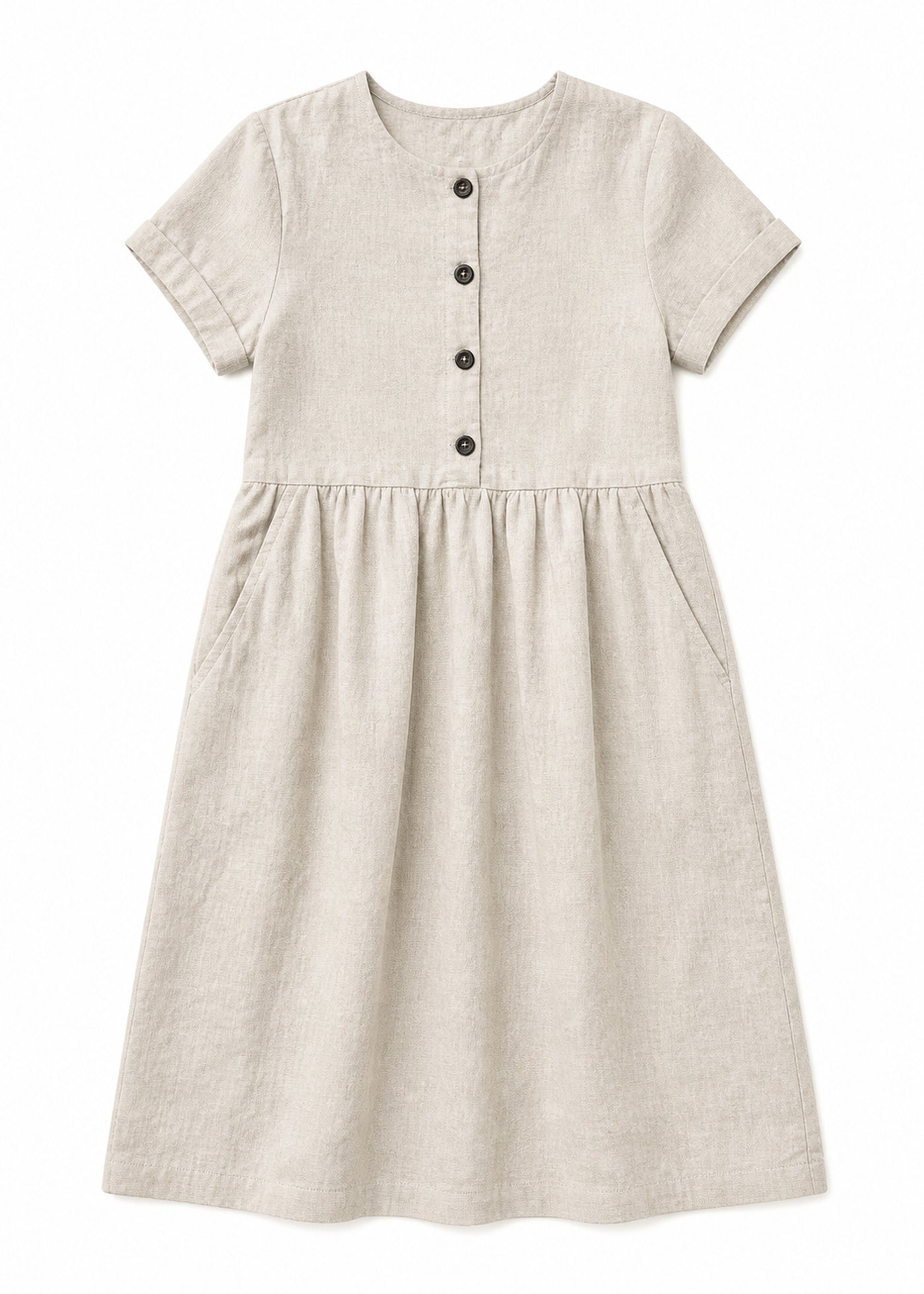 Striped Linen Button-Front Midi Dress in Linen in Natural — flat lay