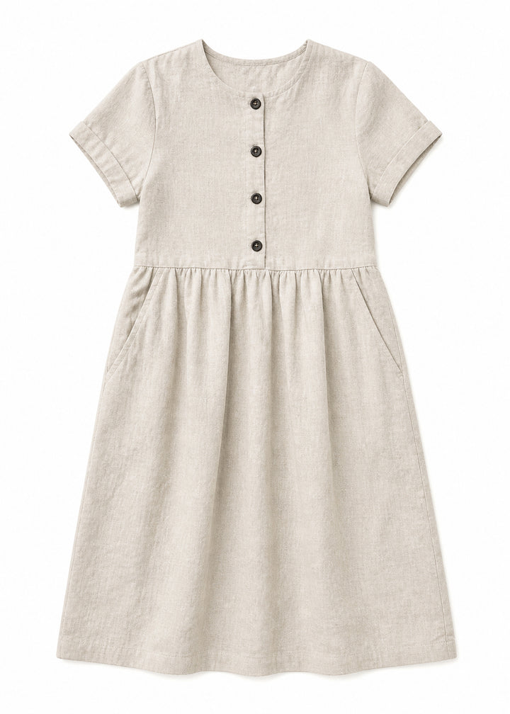 Striped Linen Button-Front Midi Dress in Linen in Natural — flat lay