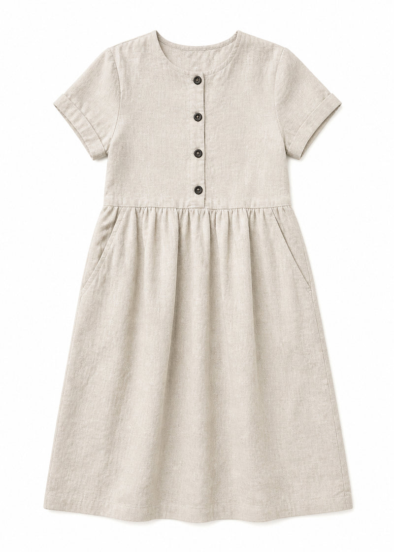 Striped Linen Button-Front Midi Dress in Linen in Natural — flat lay