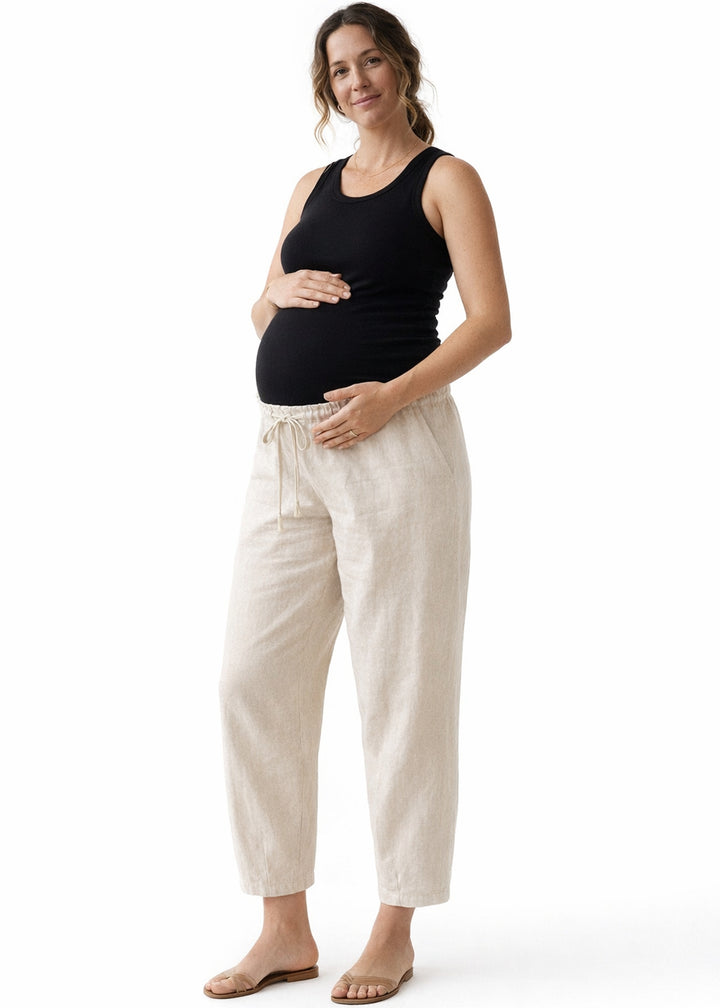 Barrel-Leg Under-Bump Drawstring Linen Pants in Linen in Natural — on model