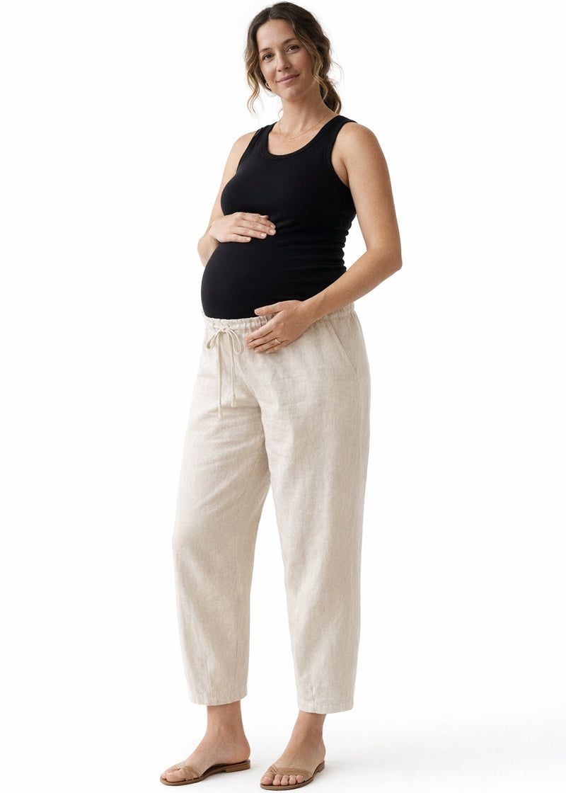 Barrel-Leg Under-Bump Drawstring Linen Pants in Linen in Natural — on model