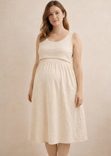 Lift-up cotton nursing dress in Natural — on model, front