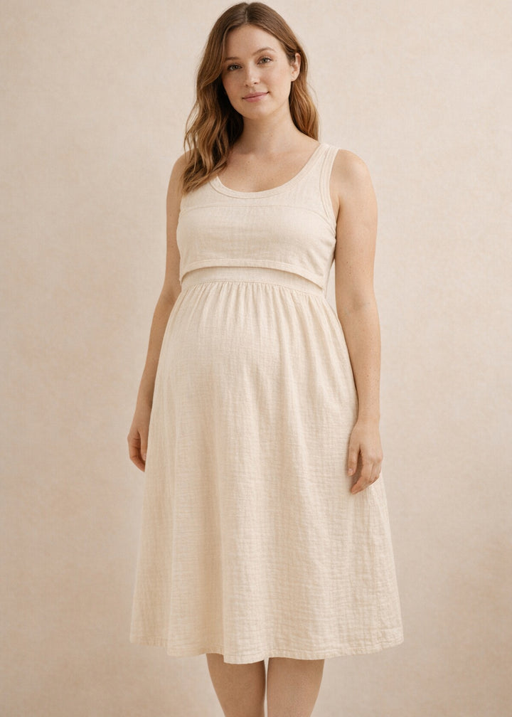Lift-up cotton nursing dress in Natural — on model, front