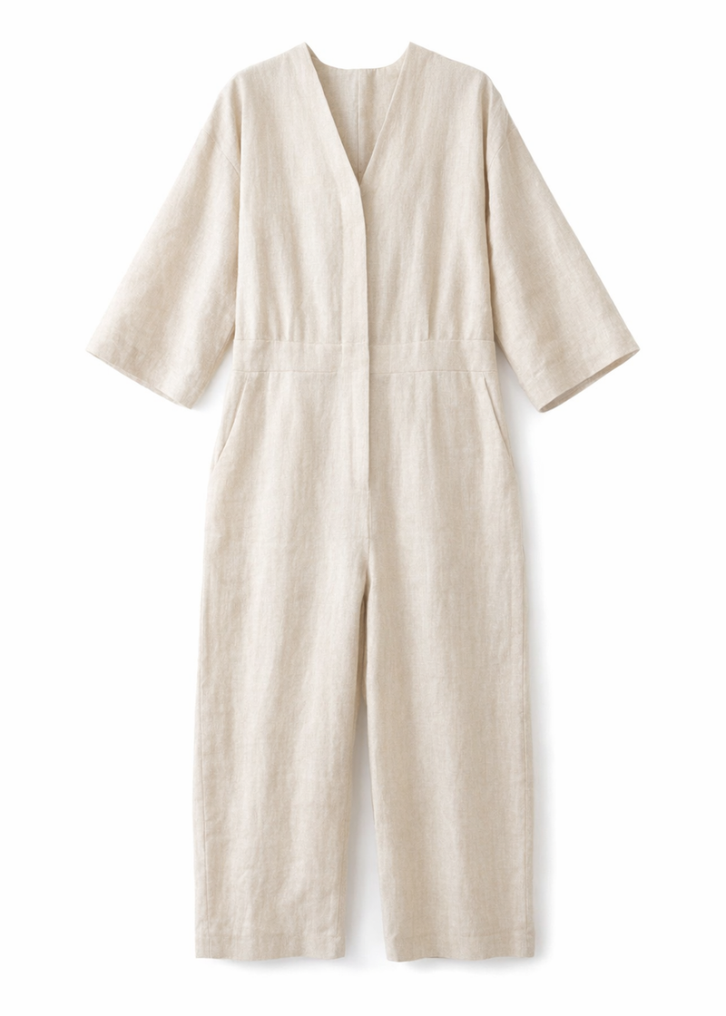 Button-Front Wide-Leg Linen Jumpsuit in Linen in Natural — flat lay