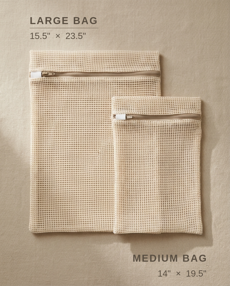 Size guide for Emme Organic Cotton Mesh Wash Bags — set of 2 with dimensions