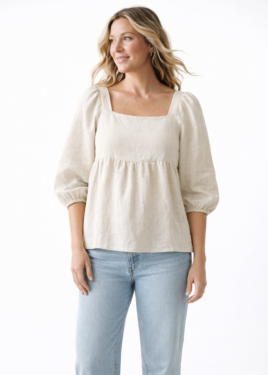 Puff-Sleeve Square-Neck Shirred-Back Floral Linen Blouse in Linen in Natural — on model