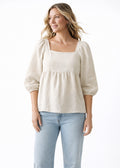 Puff-Sleeve Square-Neck Shirred-Back Floral Linen Blouse in Linen in Natural — on model